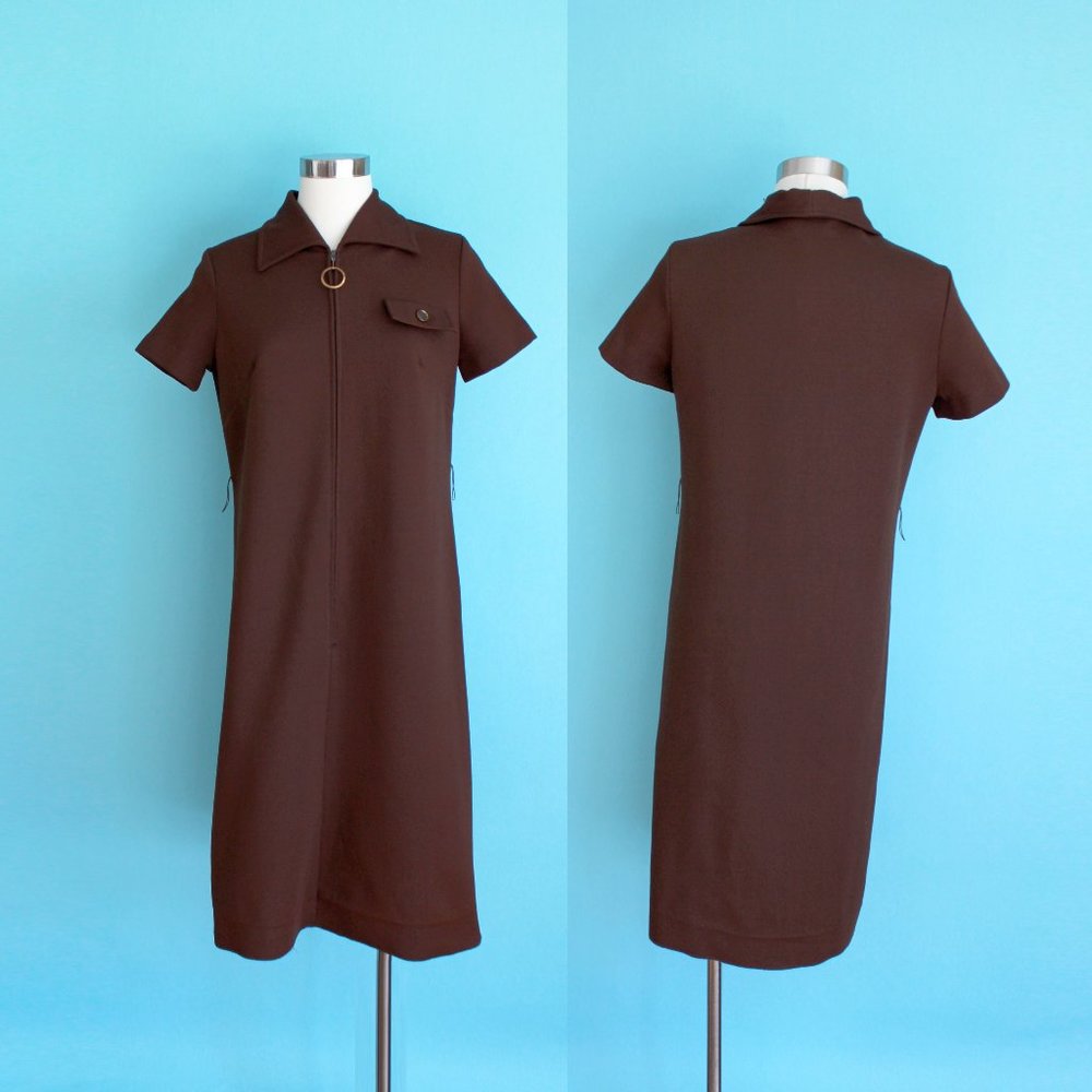 1970s Brown Pull Ring Zip Front Dress by Gray's Landing | Size Medium
